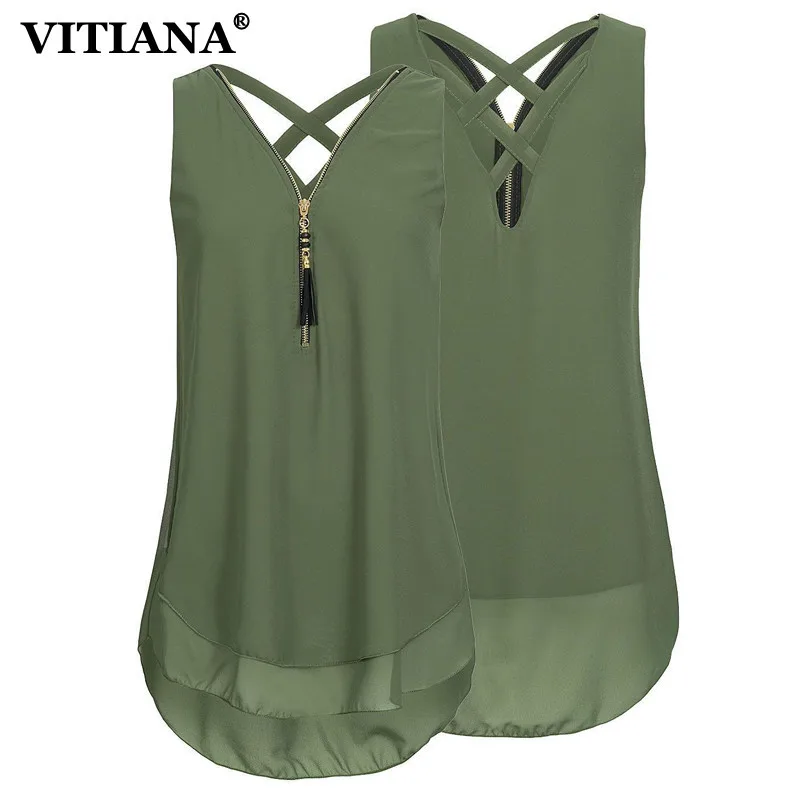 VITIANA Plus Size 5XL Women Casual Shirt 2018 Sleeveless V Neck Zipper Summer Chiffon Blouse Female Elegant Tank Tops|Блузки| |