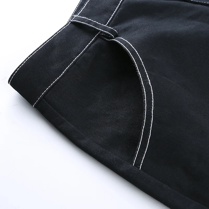 Sweetown Black Hollow Out Punk Style Straight Pants Women Streetwear Pockets Striped Summer Autumn High Waist Trousers Gothic