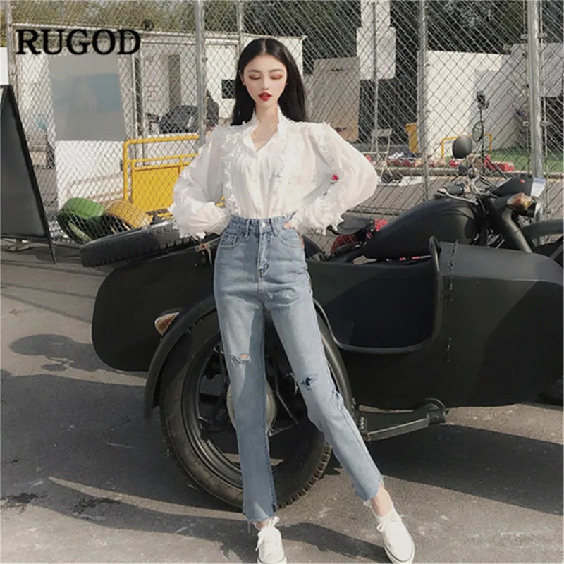 Женская кружевная блузка RUGOD белая винтажная рубашка в стиле пэчворк с пышными