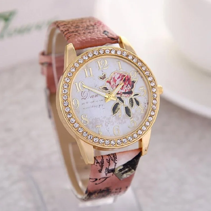 Reloj mujer женские часы с цветочным узором из роз циферблат наручные кожаным