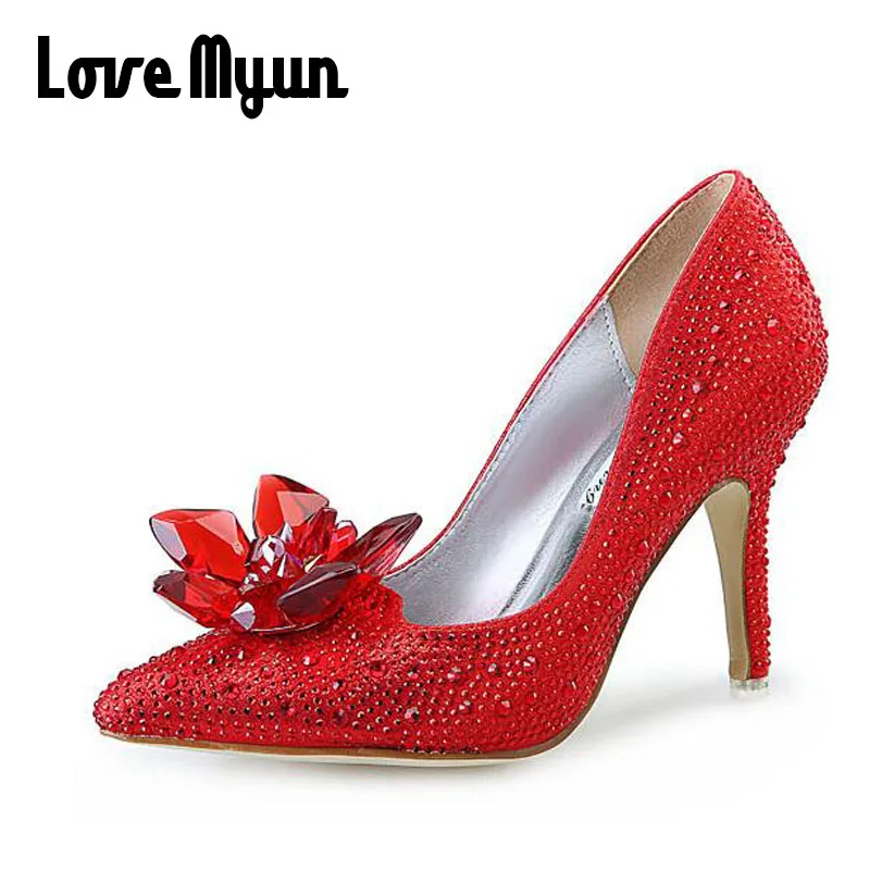 

2018 Red women fashion 9.5cm Pointed Toe high heels Pumps Bling Crystal Party Pumps Thin Heels Rhinestones Wedding Shoes AG-07