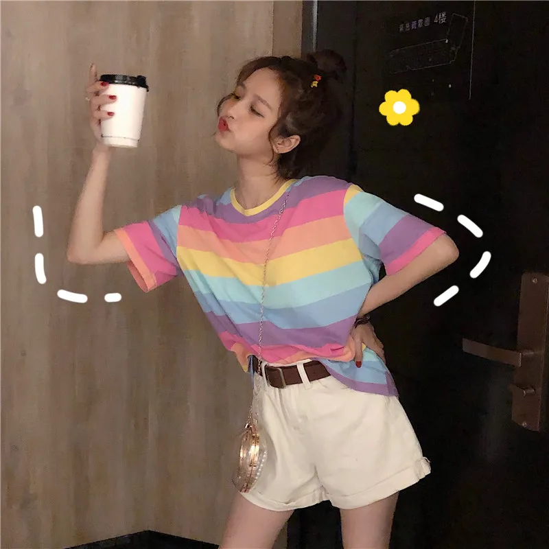 Женская одежда милые радужные полосатые топы ulzzang свободные футболки harajuku с