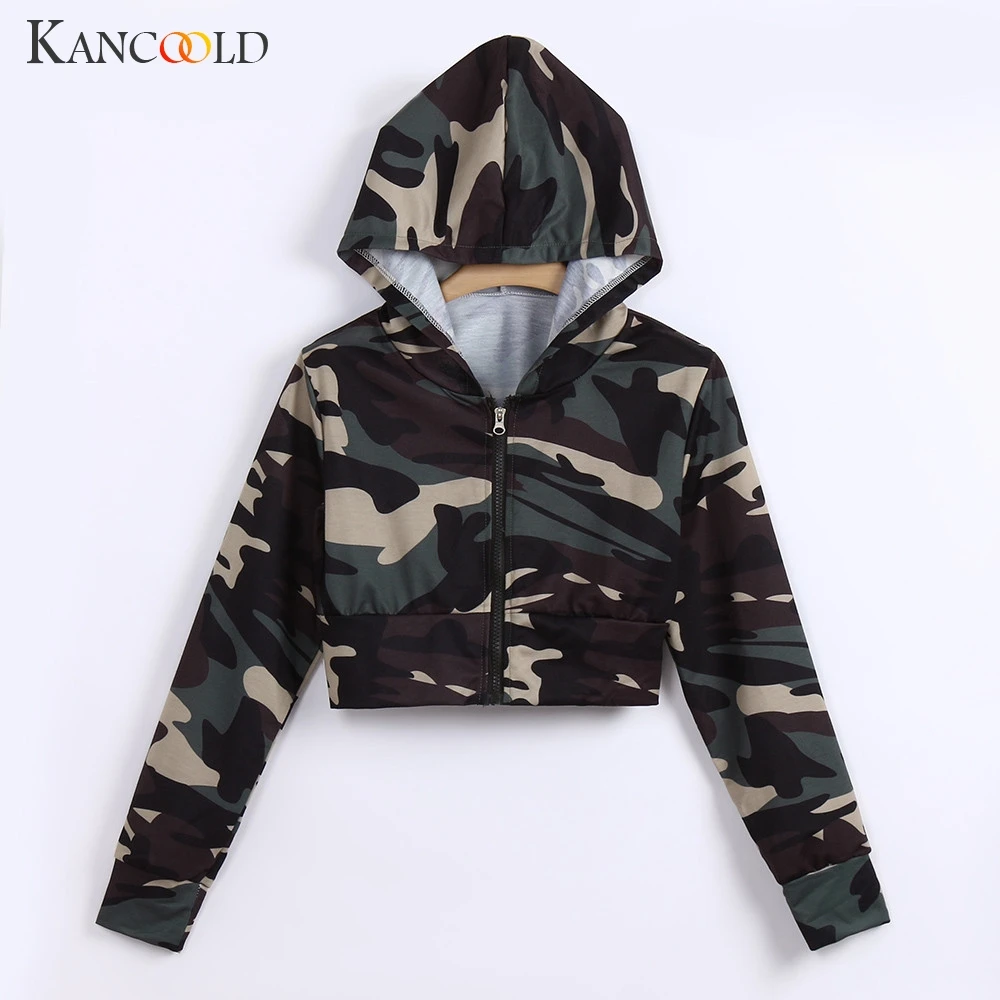 Женская футболка с камуфляжным принтом KANCOOLD короткая капюшоном и длинными