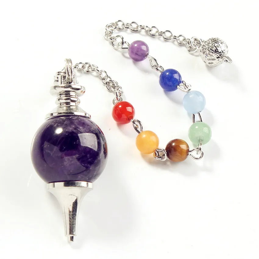 100-Unique 1 Pcs Silver Plated Many Color Quartz with Stone Beads Chain Dowsing Pendulum Pendant Chakra Jewelry