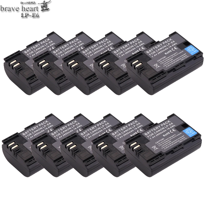 10 шт 7 4 V 2650mah батарея LP E6 Камера Батарея батареи для Canon 70D 5DII 5D2 5D3 7D 6D 60D 80D Mark II