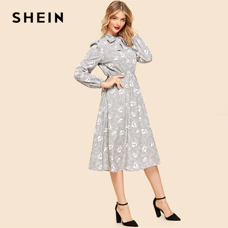 SHEIN Однобортное Платье С Воротником-Бантом, Винтажное Платье С Галстуком И Длинным Рукавом, Демисезонное Платье С Цветочным Принтом Для Офиса