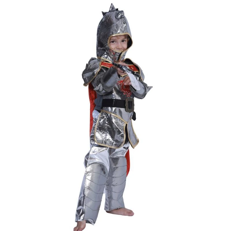 Kids Silvery Crusade Knight Warrior Medieval Halloween Carnival Party Fantasy Costume For Boy's Cosplay Fantasia Suit with hat |