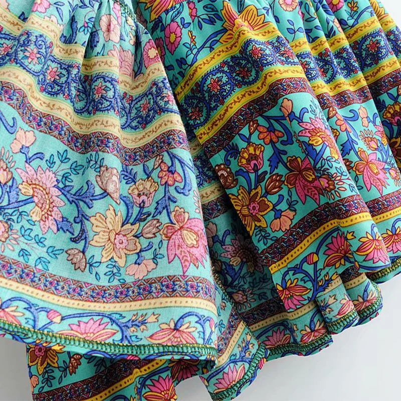 HLMFS женское бирюзовое мини платье с цветочным принтом летнее богемное v образным