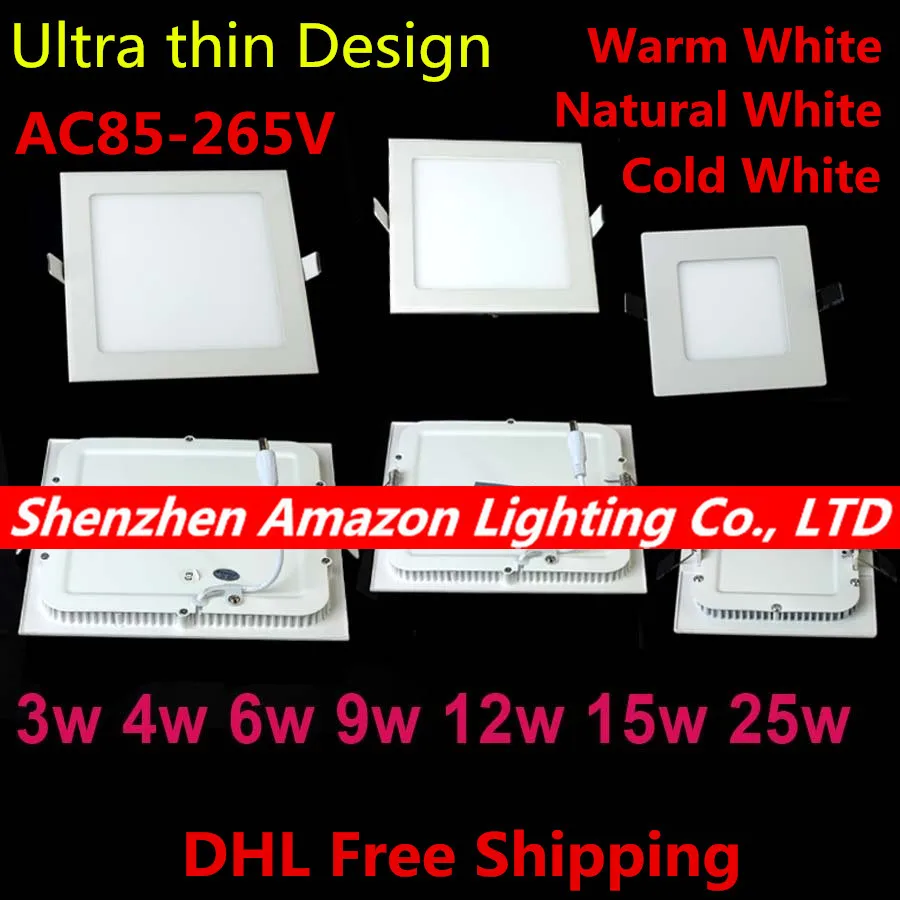 20pcs Ultra Bright 3W 6W 9W 12W 15W 25W Led Ceiling Recessed Downlight square Panel light AC85-265V Led Panel Bulb Lamp Light