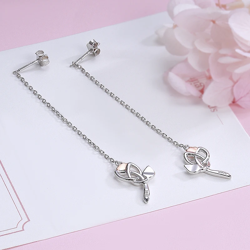 StrollGirl,, 925 пробы, серебряные, милые, розовые, золотые, розовые, длинные серьги с кисточками, серьги-гвоздики с цветком для женщин, модное ювелирное изделие