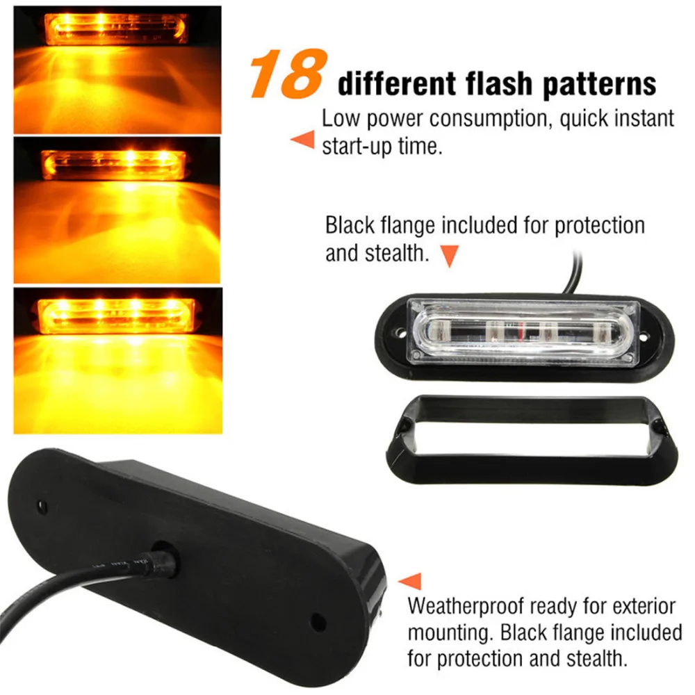

Waterproof Amber Yellow LED Car Warning Emergency Work Light Bar Auto Truck Strobe Flash Side Maker Lamp DC 12-24V with 4 LEDs