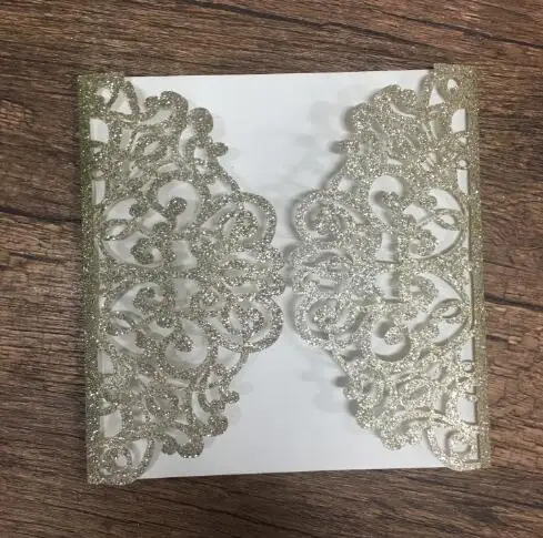 glitter light gold Роскошный блеск пригласительные билеты для свадьбы лазерная резка Необычные приглашения с кружевной отделкой поздравительная открытка с Королевский синий лента - Цвет: glitter light gold