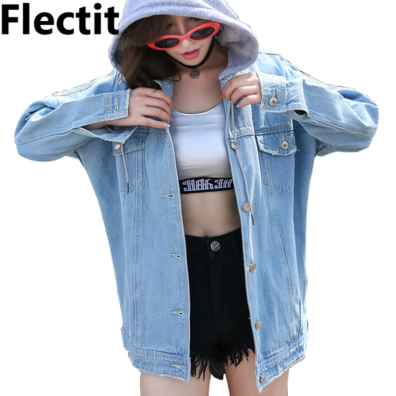 

Flectit Street Styel Women Hooded Denim Jacket with Removable Grey Hood Boyfriend Oversized Jean Jacket Female Coat *