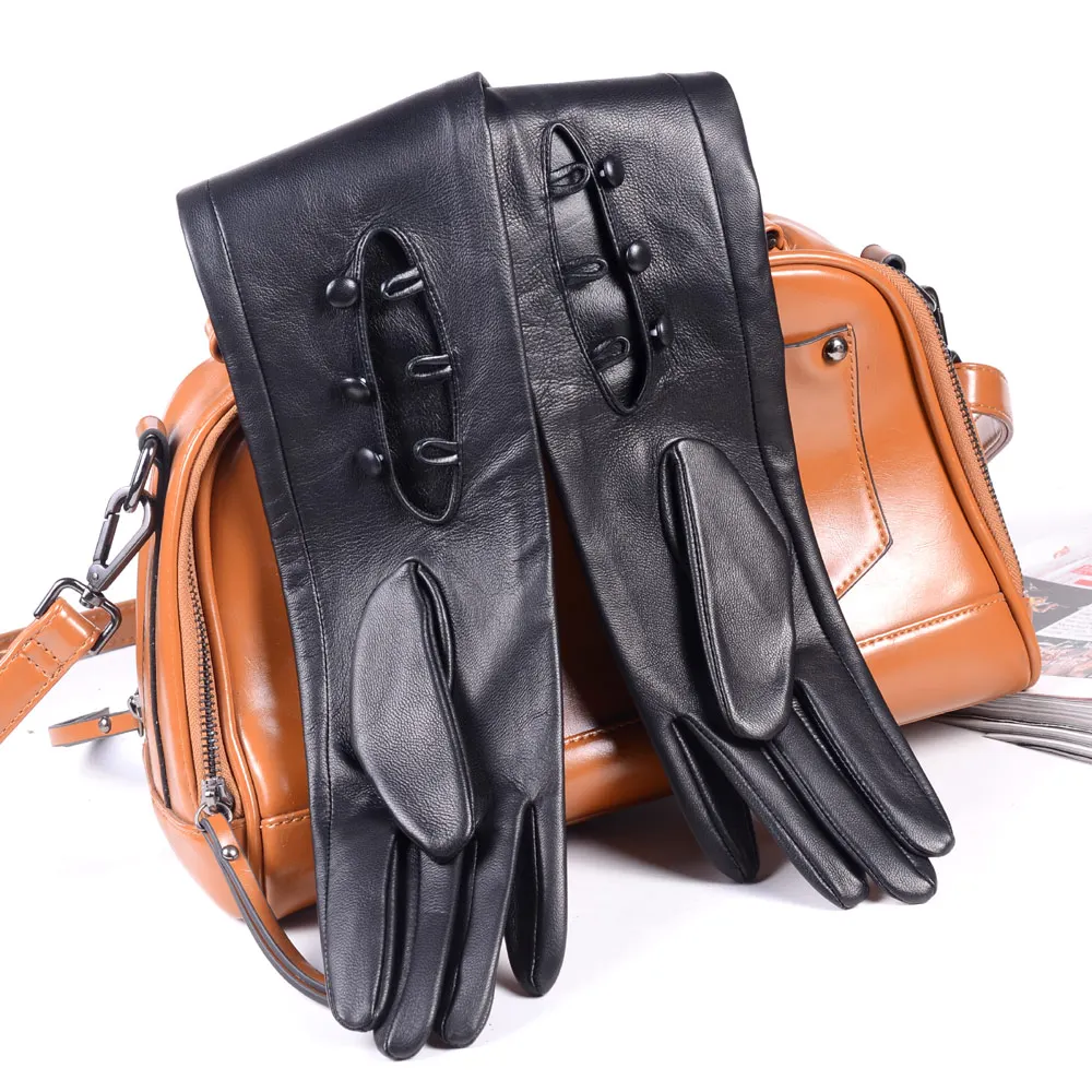 80cm Women's Ladies Genuine leather Unlined Double Sides Leather Overlength Three Buttons Wrist long gloves Party Evening gloves