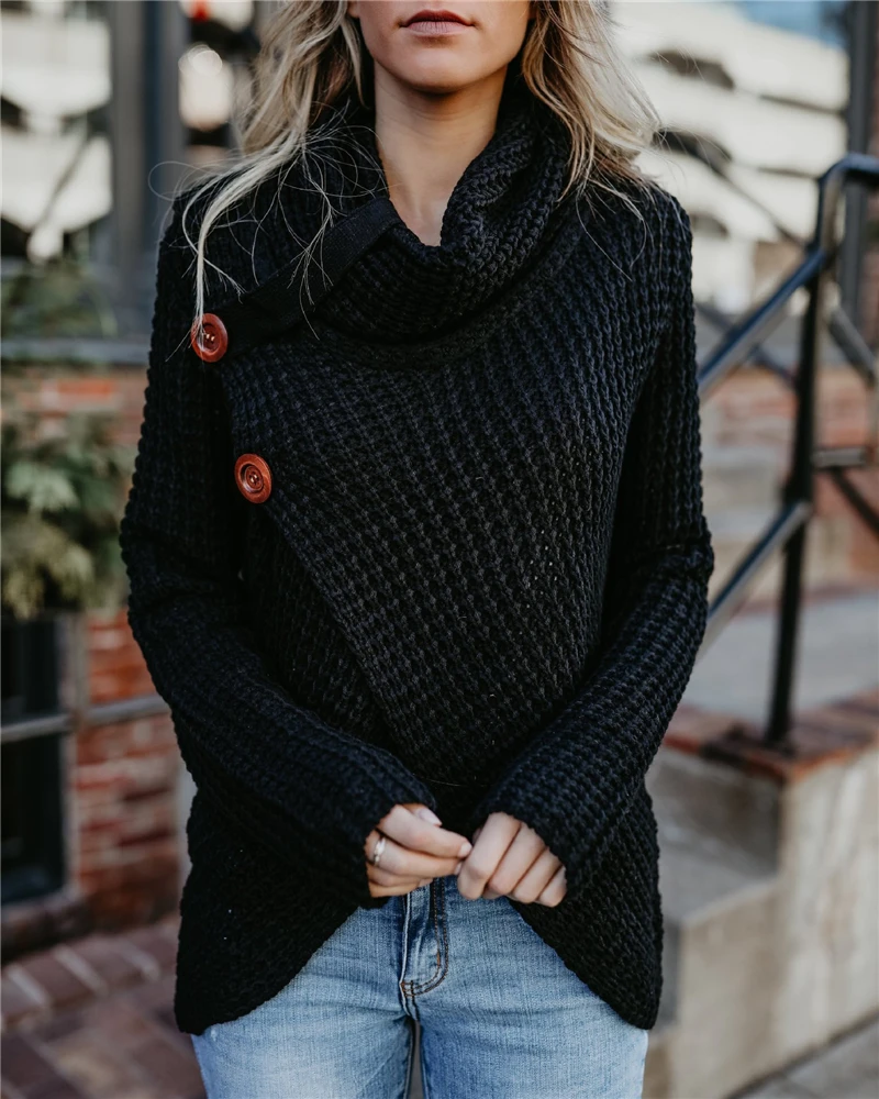 Winter Casual Cardigans Female Thick Knitting Cardigan Scarf Neck Irregular Tops Buttons Streetwear Women Solid Color Sweaters |
