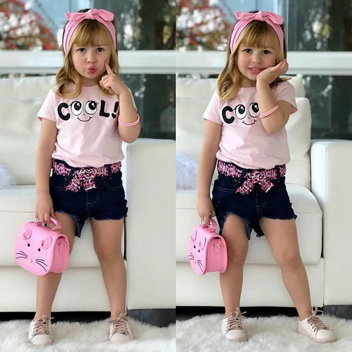 1-5T Babies Girl Summer Clothing Set Baby Girls Cool T-shirt + Bow Camouflage Belt Shorts Headband 3pcs Outfits Sets New | Детская