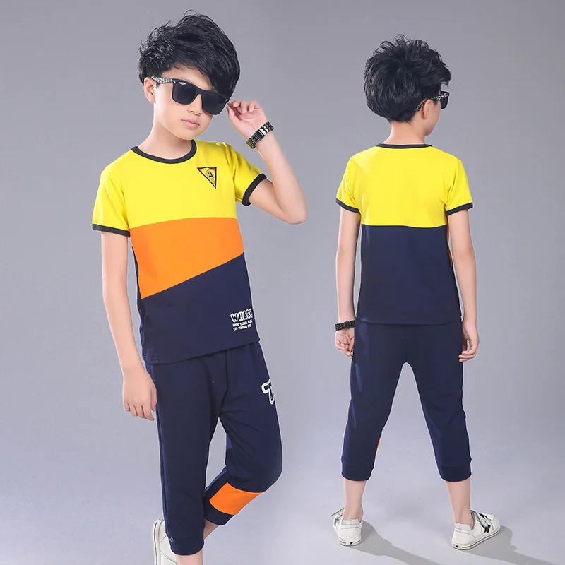 Active Teen Boys Clothing Sets Summer Cotton Child Tracksuit 2 Pcs Casual Letter Patchwork Tshirt Pants Kids Clothes Sports Suit |