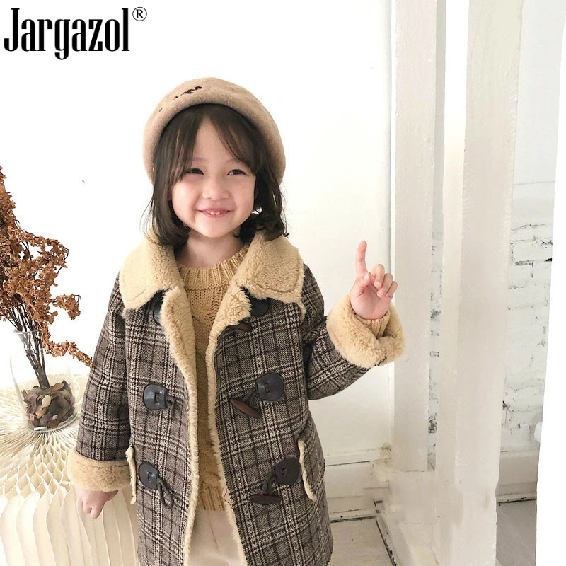 Girl Overcoat Winter New Fashion Houndstooth Wool Coat for Girls Teens Autumn Jacket Warm Long Outerwear Children Windproof | Детская