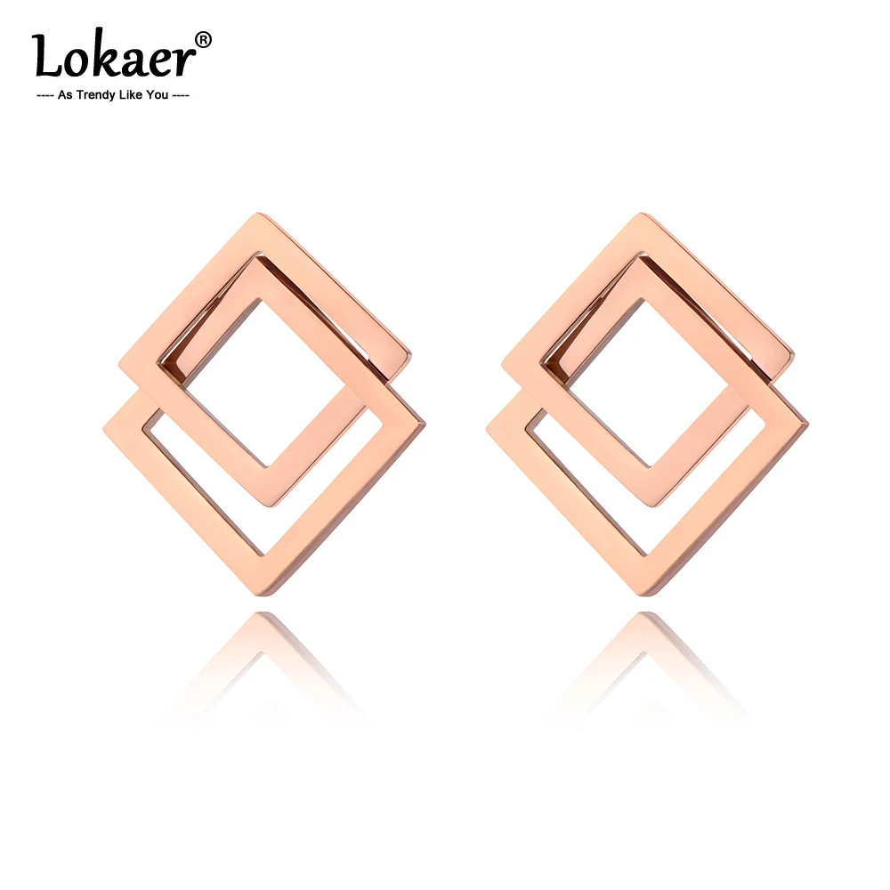 Lokaer, трендовые, титановые, нержавеющая сталь, двойные, полые, квадратные серьги, розовое золото, ручная работа, серьги для женщин, девушек, E19168