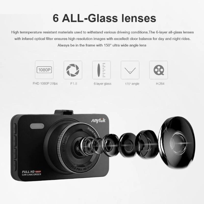 Автомобильный видеорегистратор Anytek A78 Full HD 1080 P с углом обзора 170 градусов