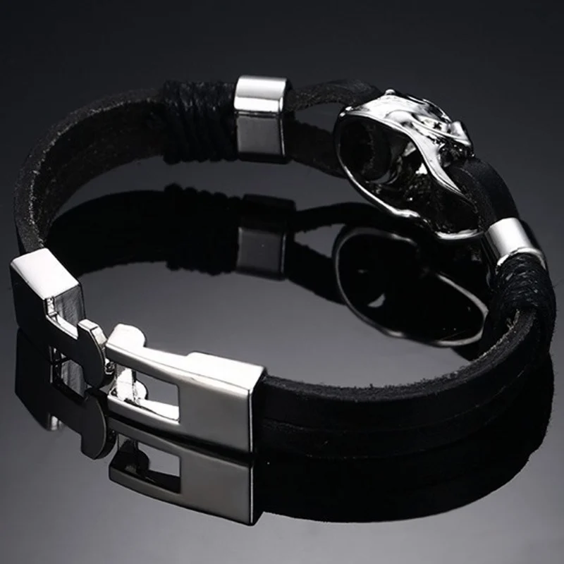 Skute Fashion Men Skull Design Genuine Leather Bracelets Rock Punk Stainless Steel Bracelet Bangles for Hip Hop Jewelry Gift | Украшения и