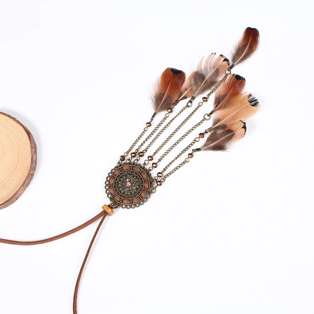 Этническое женское ожерелье в стиле панк с перьями винтажное длинное подвеской