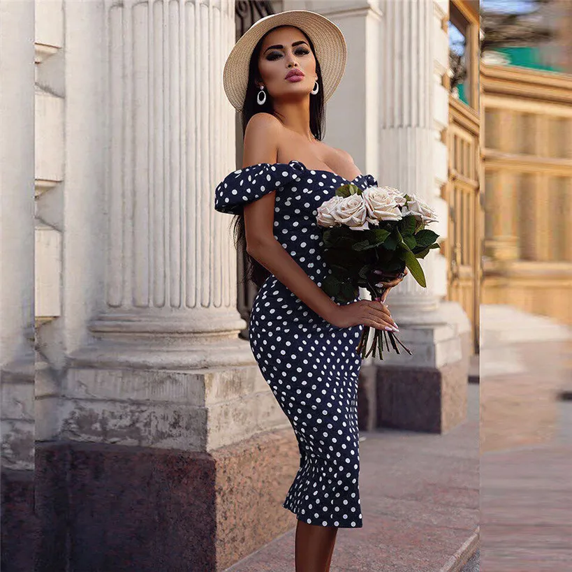 Женское платье, новинка, летнее, сексуальное, с открытыми плечами, с коротким рукавом, платье в горошек, женское, облегающее, стильное, короткие, вечерние, пляжные платья#1