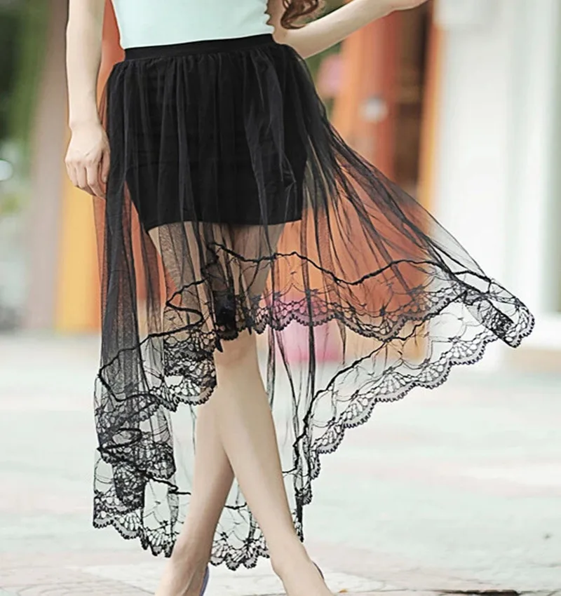 

Sexy Lace Skirts Women Net Yarn Dovetail Skirt Jupe Tulle Beach Short Skirt Black And White