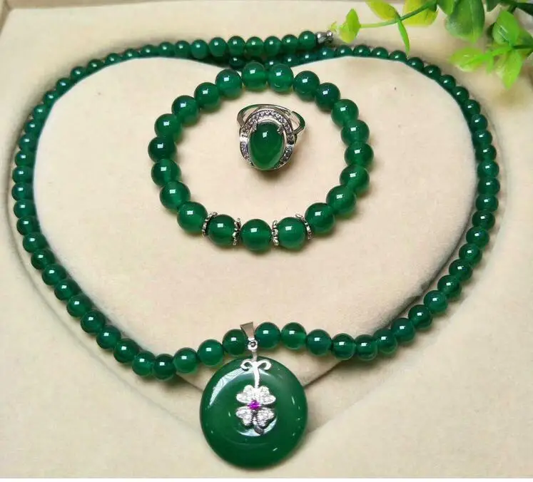 

High quality 925 silver natural green jade pith necklace with ring stud necklace set