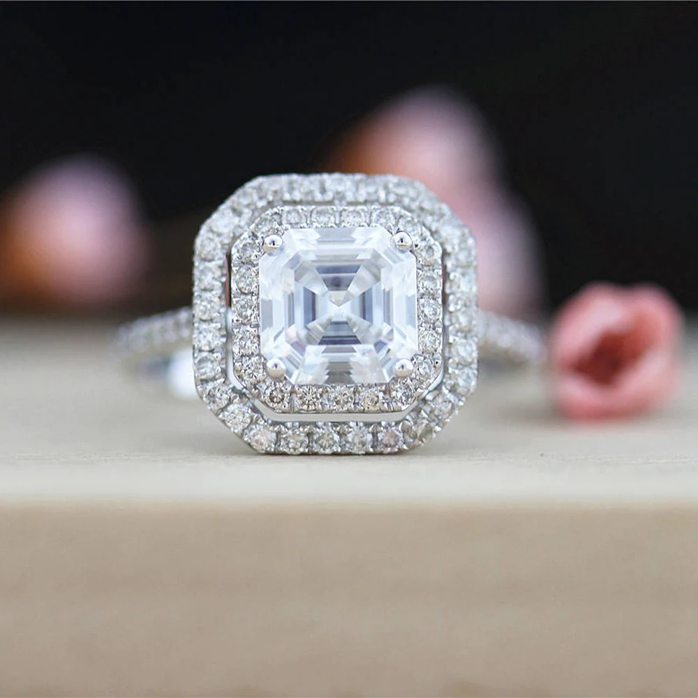 3 Carat Asscher Moissanite Ring Test Positive Brilliant Cut Lab Grown Diamond Solid 14K White Gold Engagement Rings Halo | Украшения и