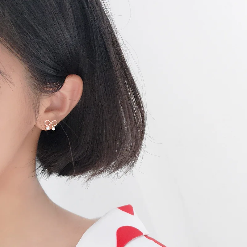 bow pearl rose golden earrings 100% 925 Sterling silver Jewelry fashion Hypoallergenic Stud for women girl gift | Украшения и