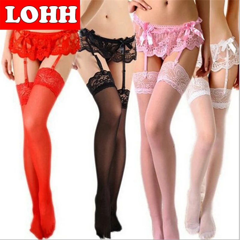 LOHH Hot Sexy Garter Belt Stocking Set Women Stockings Sheer Net Lace Tighs Top Over Knee Erotic Nylons Lingerie Pantyhose |