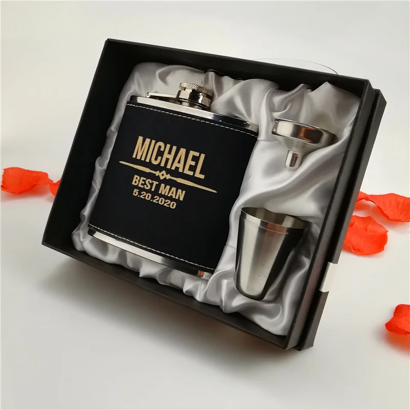 gift box JHHP 6 унций черная кожаная фляжка, фляжка для бедер, Персонализированная Выгравированная, подарок жениху или шаферу, подарок на день рождения - Цвет: gift box