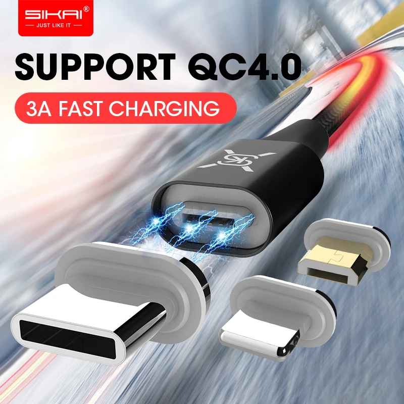 SIKAI 3A Магнитный зарядный кабель Micro USB C 3 в 1 для iPhone магнитный Android быстрой зарядки