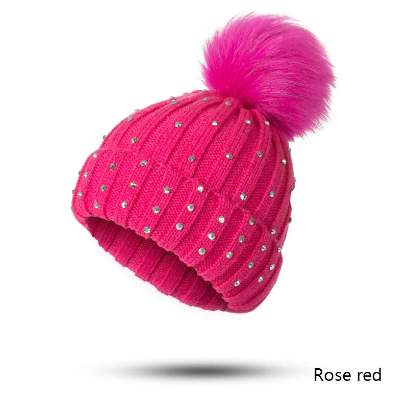 Rose red REAKIDS/Новинка года; детская теплая зимняя Лыжная шапка «кроше» для маленьких мальчиков и девочек; вязаная шапочка; хлопковая шапка с помпоном; модная детская шапка - Цвет: Rose red