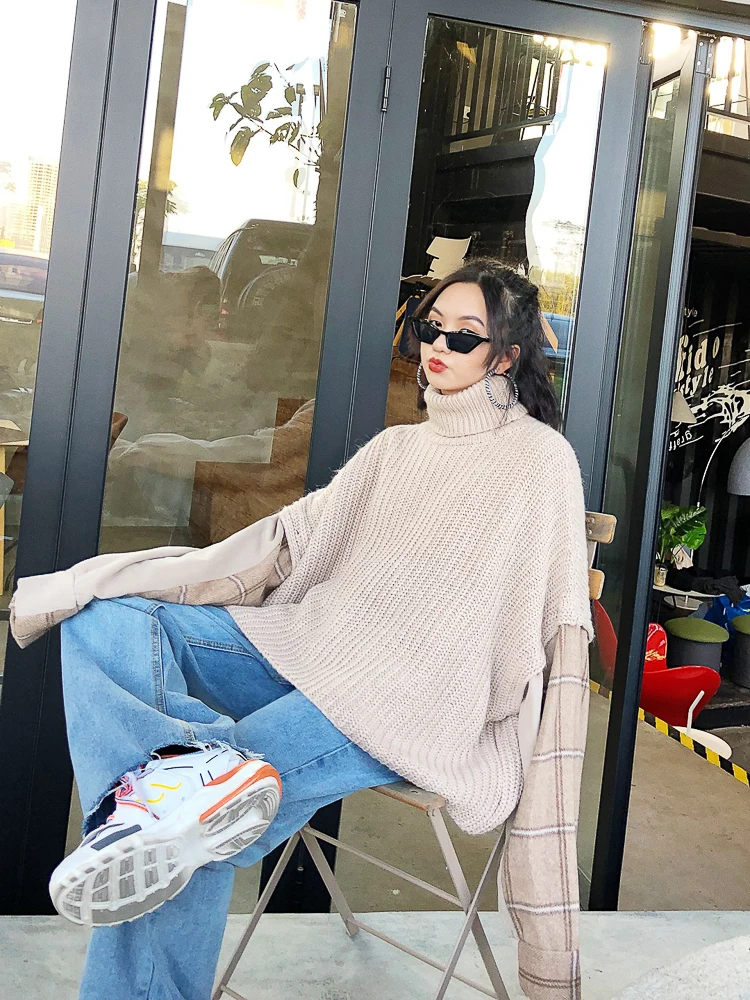 Свитер для влюбленных новинка 2019 вязаный клетчатый свитер с высоким воротником и