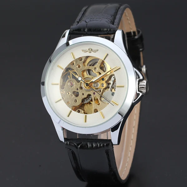 WINNER элегантные черные кожаные автоматические золотые скелетоны Римский