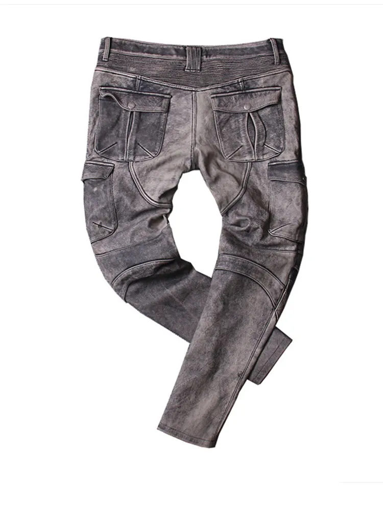 Vintage Grey Винтажные серые мужские американские повседневные мотоциклетные кожаные брюки размера плюс 4XL из натуральной толстой воловьей кожи - Цвет: Vintage Grey