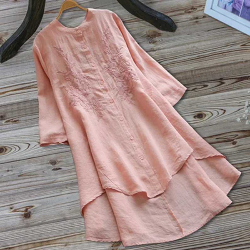 Summer Casual Loose Cotton Ladies Long Sleeve Vintage Embroidered Knee-Length Dress | Женская одежда