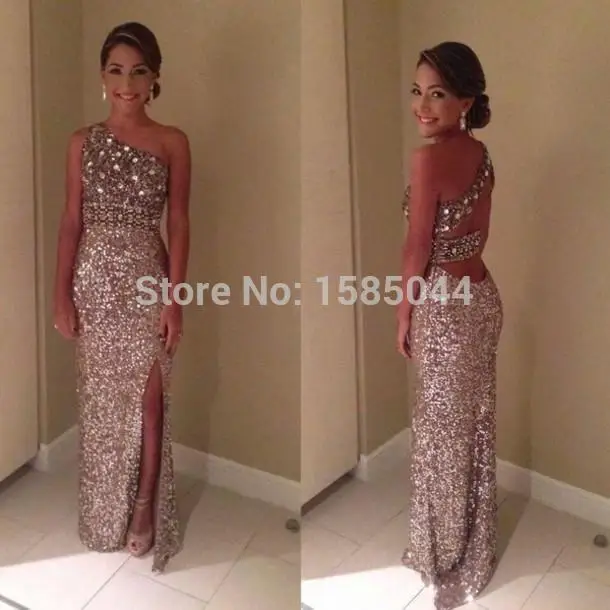 New Sexy 2015 Sheath Evening Dresses One Shoulder Sleeveless Backless Floor Length Satin With Sequins Split Side Prom Gown Dress | Свадьбы и