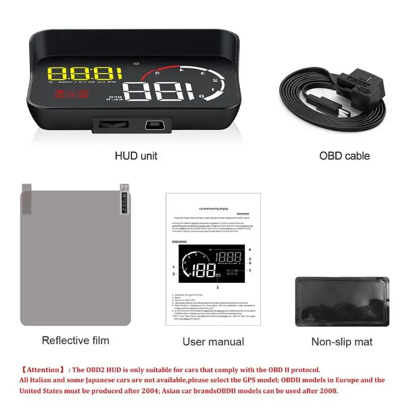 VODOOL M10 автомобильный HUD Дисплей OBD II OBD2 выше скорости Предупреждение напряжения системы безопасности лобовое стекло скорость часы-проектор