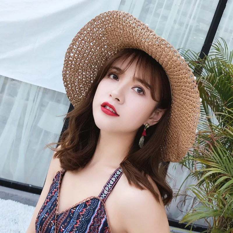 New fashion and beautiful Summer handmade bow with pearl trim Collapsible sun hat Holiday must-haves | Аксессуары для одежды