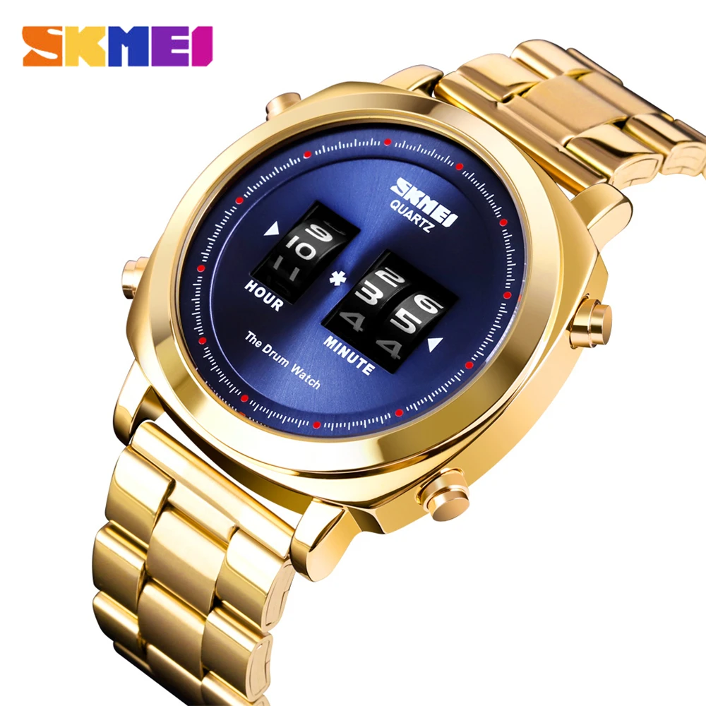 Blue Gold SKMEI 1531 Модные мужские кварцевые часы из нержавеющей стали водонепроницаемые мужские наручные часы Креативный барабан часы Топ бренд Relogio Masculino - Цвет: Blue Gold
