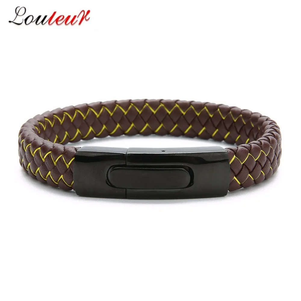 LOULEUR Fashion Men Jewelry Braid Black Red Genuine Leather Bracelet Stainless Steel Magnetic Buckle Punk Bangles Male | Украшения и