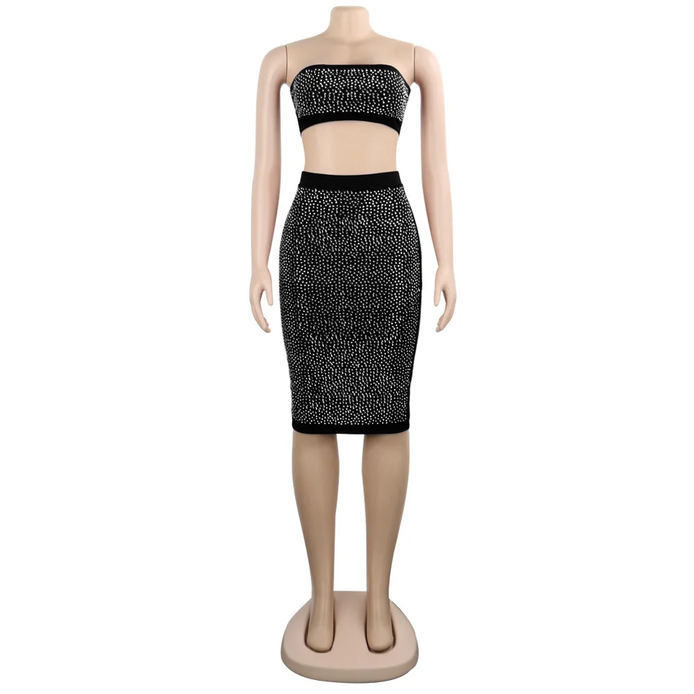 

Europe American Sexy Strapless Rhinestone Slim Bodycon Keen Dresses Nightclub Style Women Two Piece Suits