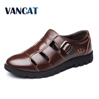 vancat mens summer shoes cow split leather new 2019 men sandals hollow platform business sandal driving moccasins big size38 47