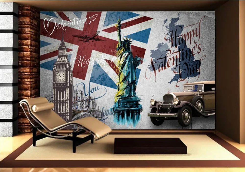 Free Shipping Custom Wallpaper Mural Retro Vintage Statue of Liberty Big Ben Background Wall Painting Living Room Decoration |