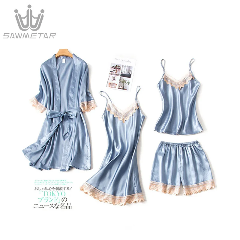 Summer Pajamas Women 4 Pieces Sets Sexy Sleepwear Satin Silk Nightwears Home Wear Home Clothing Embroidery Sleep Lounge