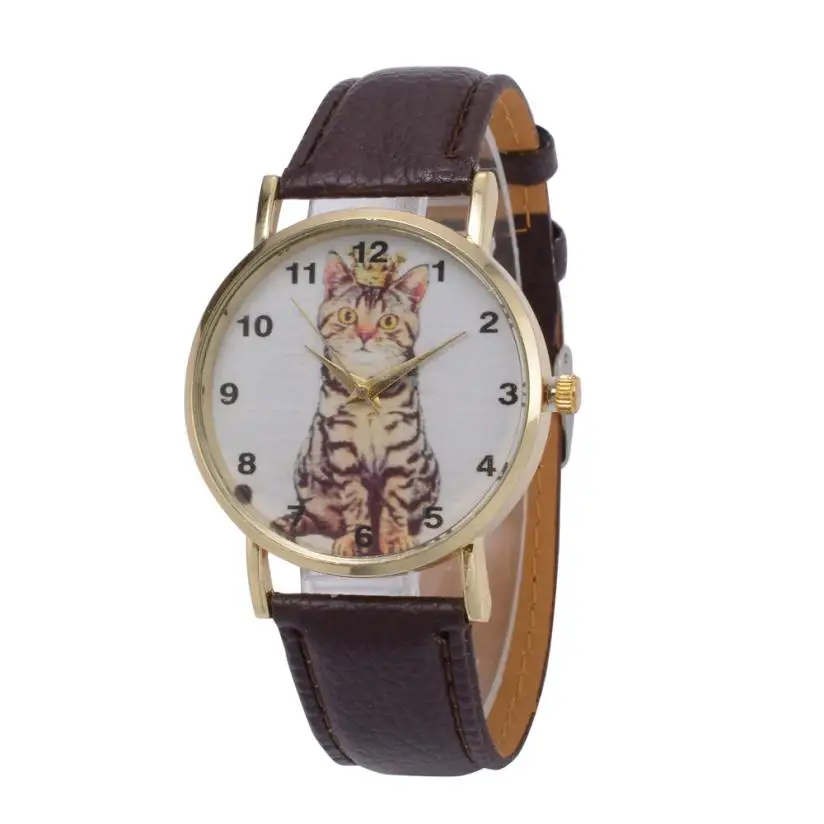 Коричневый Стильные Relogio Feminino Reloj Mujer женские часы с милым рисунком кота простой роскошный дизайн кварцевые аналоговые круглые наручные часы p50 - Цвет: Коричневый