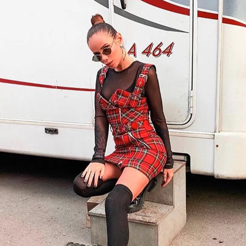 UIDEAZONE Gothic Dark Zipper Belt Eyelet Women Dress Punk Strap Female Red Plaid 2019 New Summer | Женская одежда